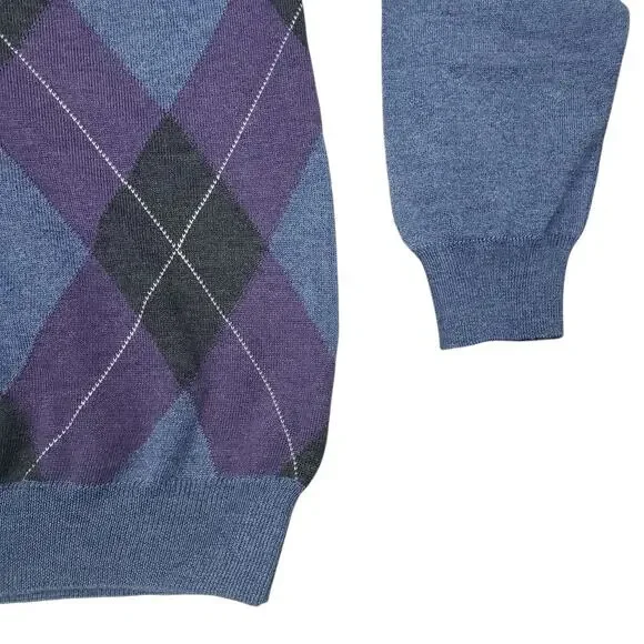 Black Brown 1826 Made in Italy 100% Merino Wool Argyle V-Neck Sweater Men XL - Picture 6 of 12